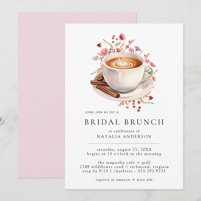 Cute Coffee | Pink Floral Bridal Shower Brunch Invitation (Front/Back)