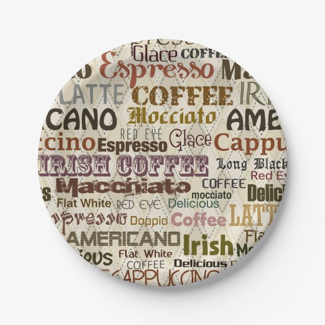 Cute coffee words party paper plate (Front)