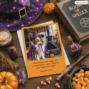 Cute Collie & Cat Halloween Wizard Greeting  Card