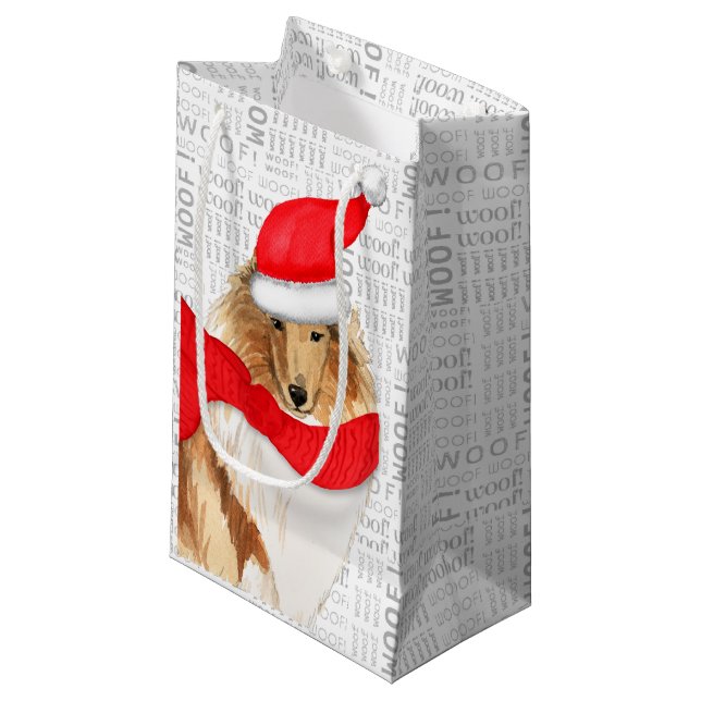 Cute Collie Christmas Dog Holiday Woof Word Art Small Gift Bag (Front Angled)