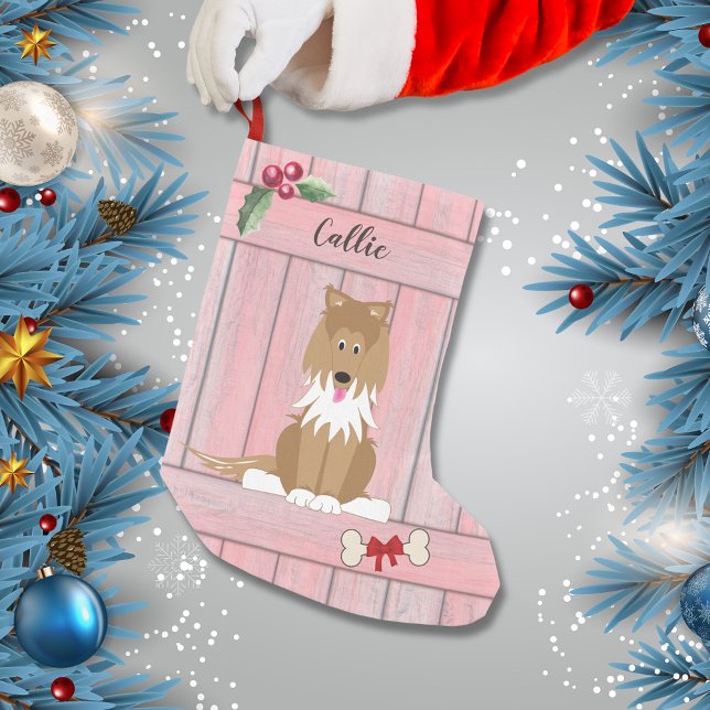 Cute Collie Dog Pink Wooden Fence Monogram Small Christmas Stocking (Creator Uploaded)