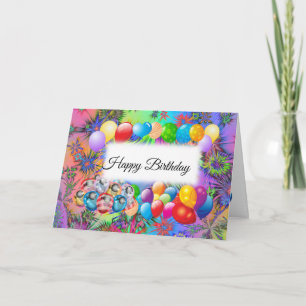 Cute, Colorful Balloons, Fireworks, Happy Birthday Card
