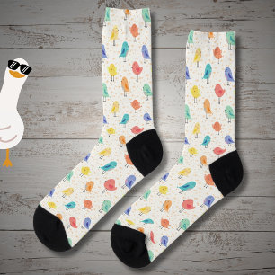 Cute colorful birds cartoon drawing, on white socks