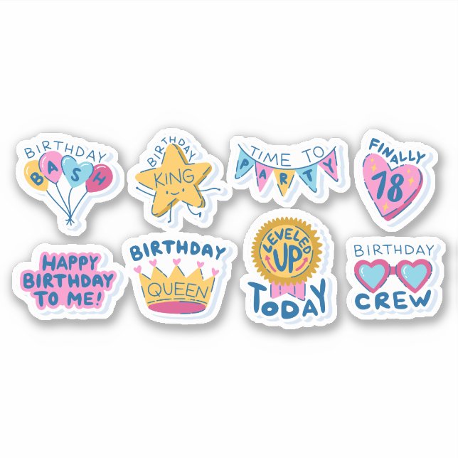 CUTE COLORFUL BIRTHDAY CARTOON STICKERS SET (Front)