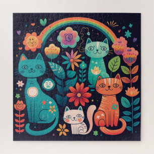 Cute Colorful Boho Cats and Flowers Jigsaw Puzzle