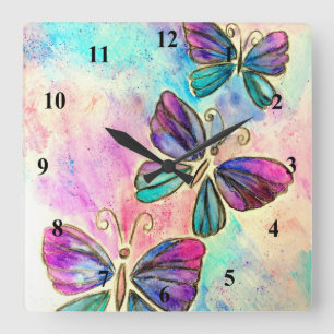 Cute Colorful Butterflies - Watercolor Art Square Wall Clock