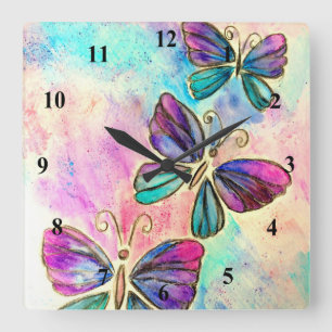 Cute Colorful Butterflies - Watercolor Art Square Wall Clock