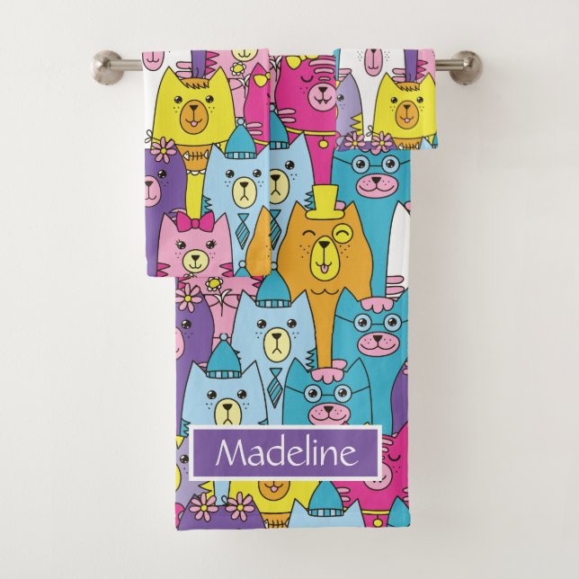 Cute Colorful Cartoon Cats Pattern Personalized Bath Towel Set (Insitu)