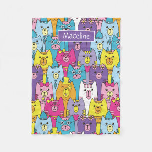 Cute Colorful Cartoon Cats Pattern Personalized Fleece Blanket