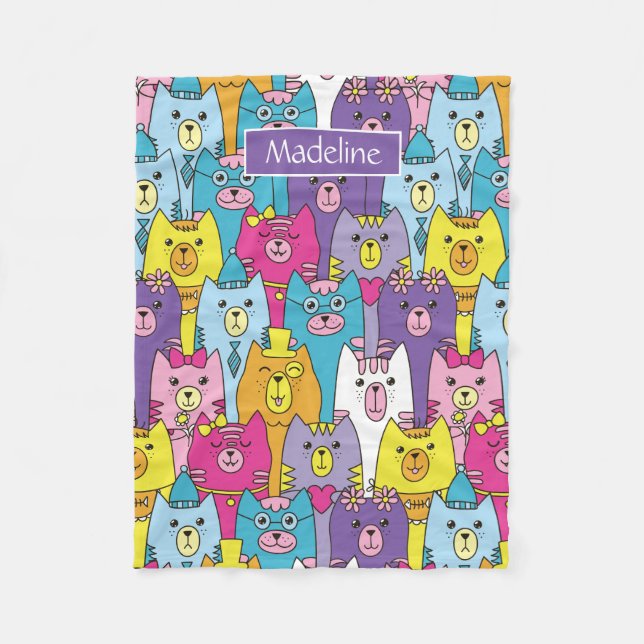 Cute Colorful Cartoon Cats Pattern Personalized Fleece Blanket (Front)