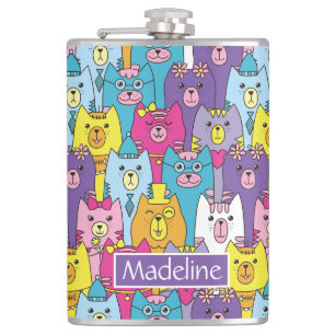 Cute Colorful Cartoon Cats Pattern Personalized Hip Flask