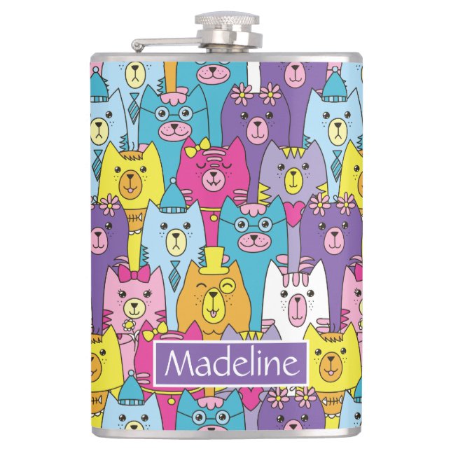 Cute Colorful Cartoon Cats Pattern Personalized Hip Flask (Front)
