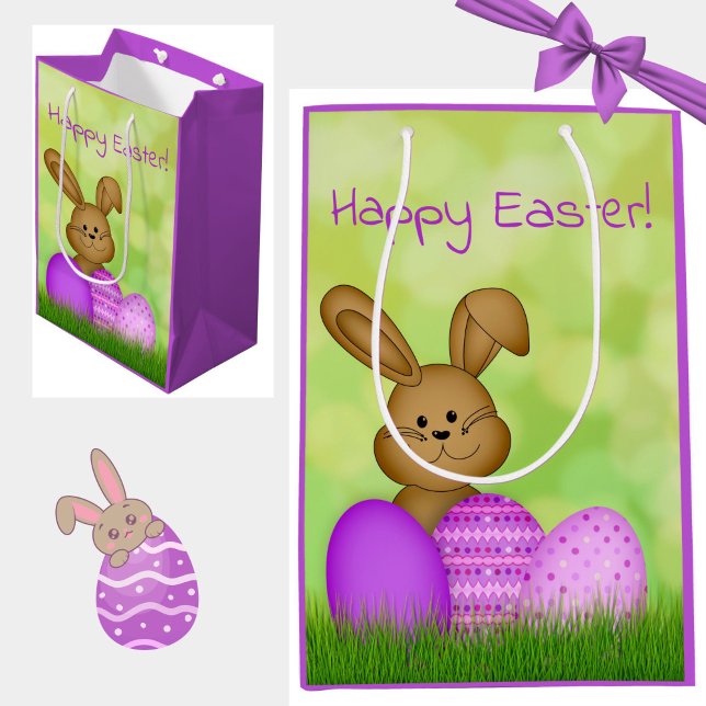 Cute Colorful Cartoon Easter Bunny Kids Medium Gift Bag (A cute, colorful Easter Bunny gift bag for kids! Happy Easter!)