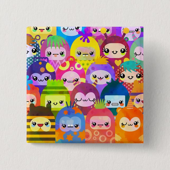 Cute Colorful Cartoon People Characters 2 Inch Square Button (Front)