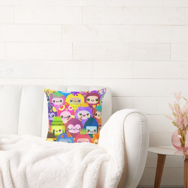 Cute Colorful Cartoon People Characters Throw Pillow (Couch)