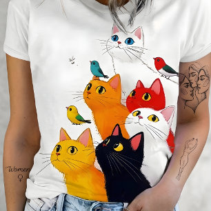 Cute Colorful Cats & Birds Illustration T-Shirt