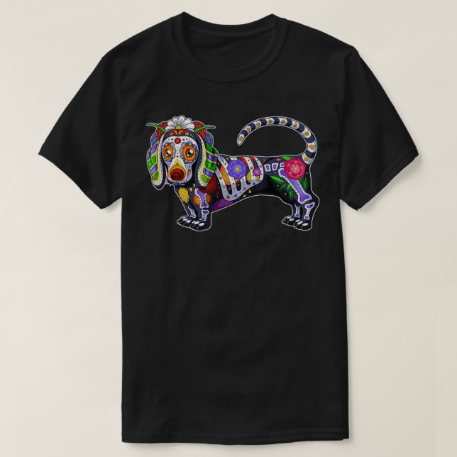 Cute Colorful Dachshund Dog Sugar Skull Meican Hal T-Shirt (Design Front)