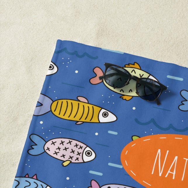 Cute Colorful Fish Pattern Personalised Kids Beach Towel (In Situ)