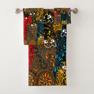 Cute & Colorful Floral Happy Cats  Bath Towel Set