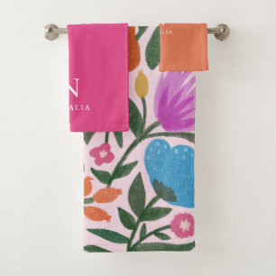 Cute Colorful Florals Girls Monogram and Name Bath Towel Set