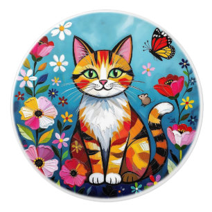Cute Colorful Folk Art Cat and Flowers Ceramic Knob