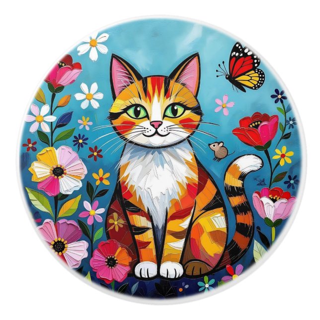 Cute Colorful Folk Art Cat and Flowers Ceramic Knob (Front)