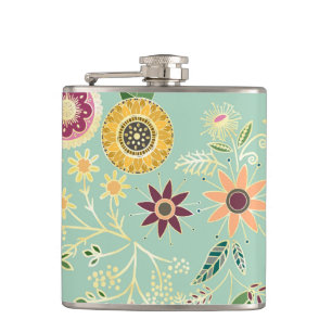 Cute Colorful Folk Floral Original Golden Design Hip Flask