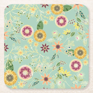 Cute Colorful Folk Floral Original Golden Design Square Paper Coaster