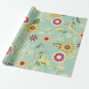 Cute Colorful Folk Floral Original Golden Design Wrapping Paper