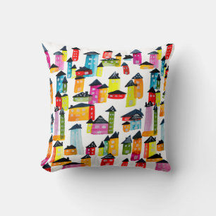 Cute colorful houses watercolor art throw pillow