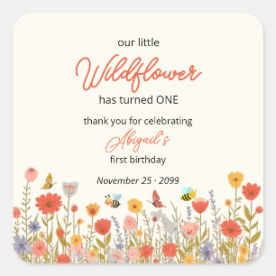 Cute Colorful Little Wildflower Bee's 1st Birthday Square Sticker