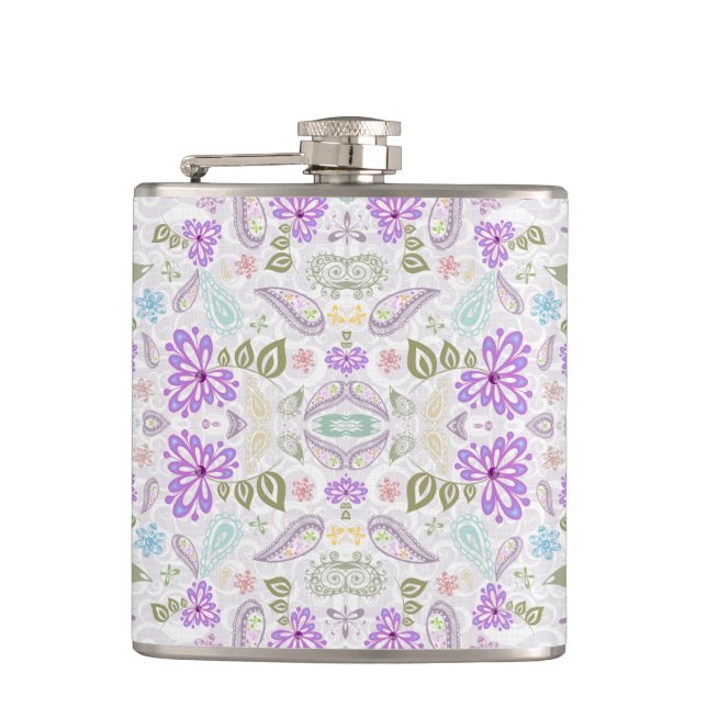 Cute colorful pastel paisley patterns hip flask (Front)