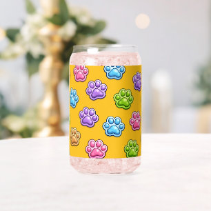 Cute Colorful Paw Print Pattern Cartoon Style Can Glass
