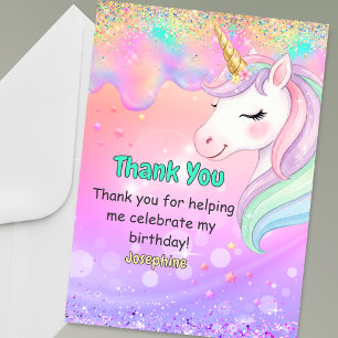 Cute colorful pink aqua unicorn dripping birthday thank you card
