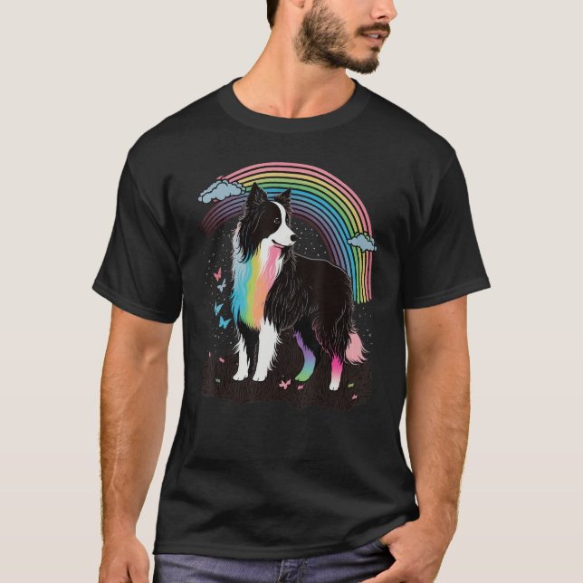 Cute Colorful Rainbow Border Collie T-Shirt (Front)