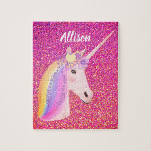 Cute Colorful Rainbow Unicorn Pink Glitter Name Jigsaw Puzzle