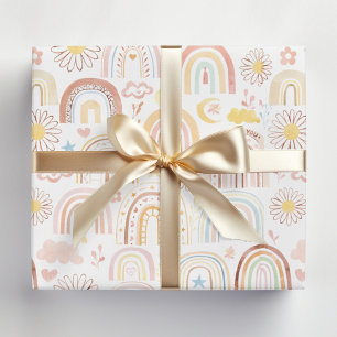 Cute Colorful Rainbows and Daisy Flowers Abstract Wrapping Paper