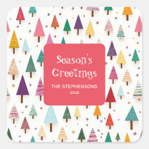 Cute Colorful Retro Christmas Trees Square Sticker