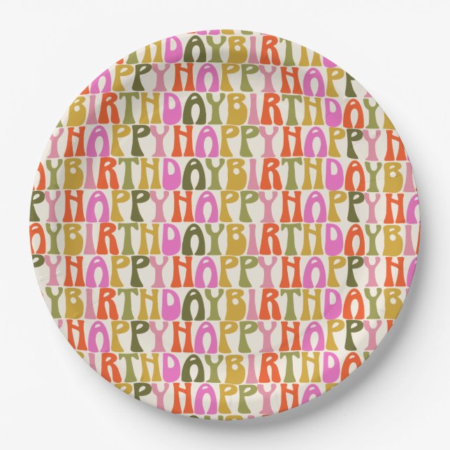 Cute Colorful Retro Happy Birthday Text Pattern  Paper Plate (Front)