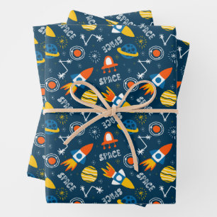 Cute Colorful Space Adventures Pattern Wrapping Paper Sheet