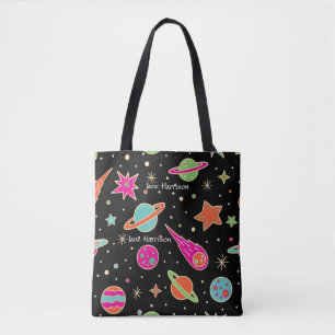 Cute Colorful Space Rocket Pattern Name Tote Bag