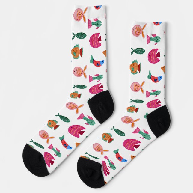 Cute Colorful Tiny Fish Drawing Seamless Pattern Socks (Left)