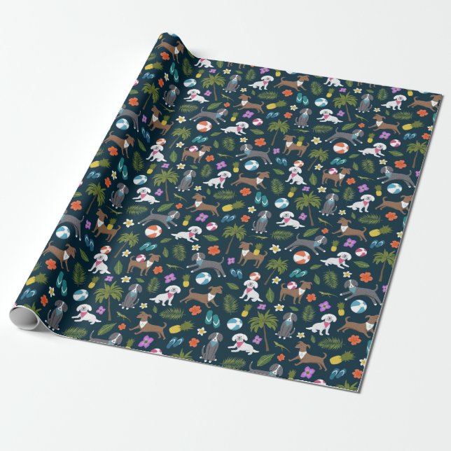 Cute Colorful Tropical Dogs Pattern | Navy Wrapping Paper (Unrolled)
