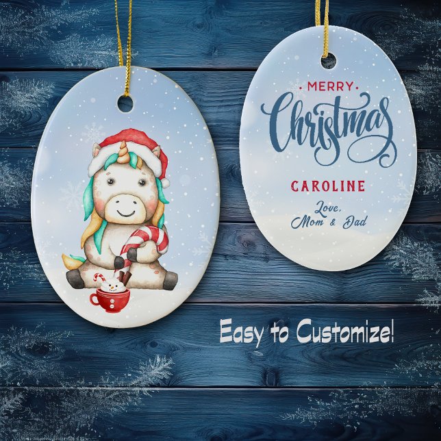 Cute Colorful Unicorn Candy Cane Kids Ceramic Ornament (Creator Uploaded)
