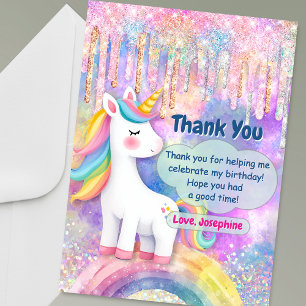 Cute Colorful Unicorn faux glitter drips birthday Thank You Card
