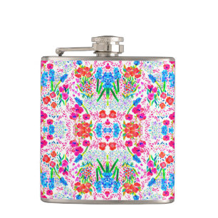 Cute colorful watercolor flowers pattern hip flask