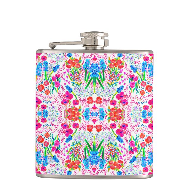 Cute colorful watercolor flowers pattern hip flask (Front)