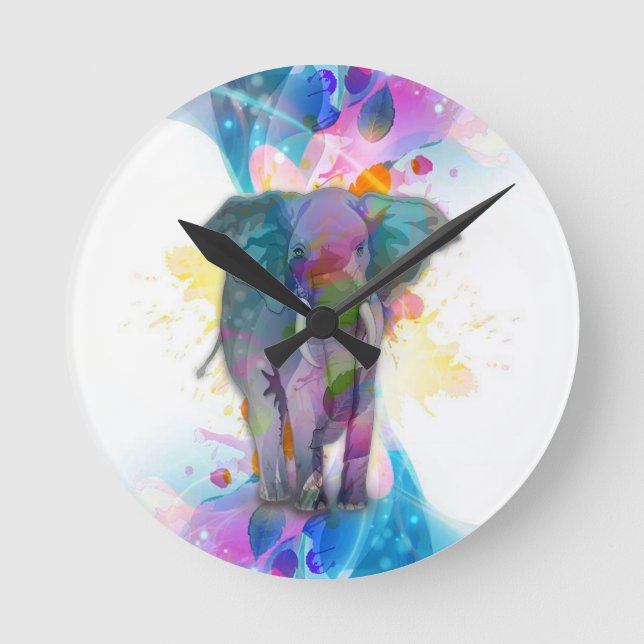 cute colorful watercolours splatters elephant round clock (Front)