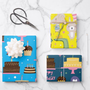 Cute Colorful Whimsical Birthday Animals Pattern Wrapping Paper Sheet