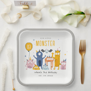 Cute Colorful Yellow Party Monsters Kids Birthday Paper Plate